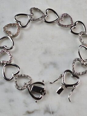 Womens Vintage Estate Sterling Silver CZ Heart Bracelet 8.7g E6664